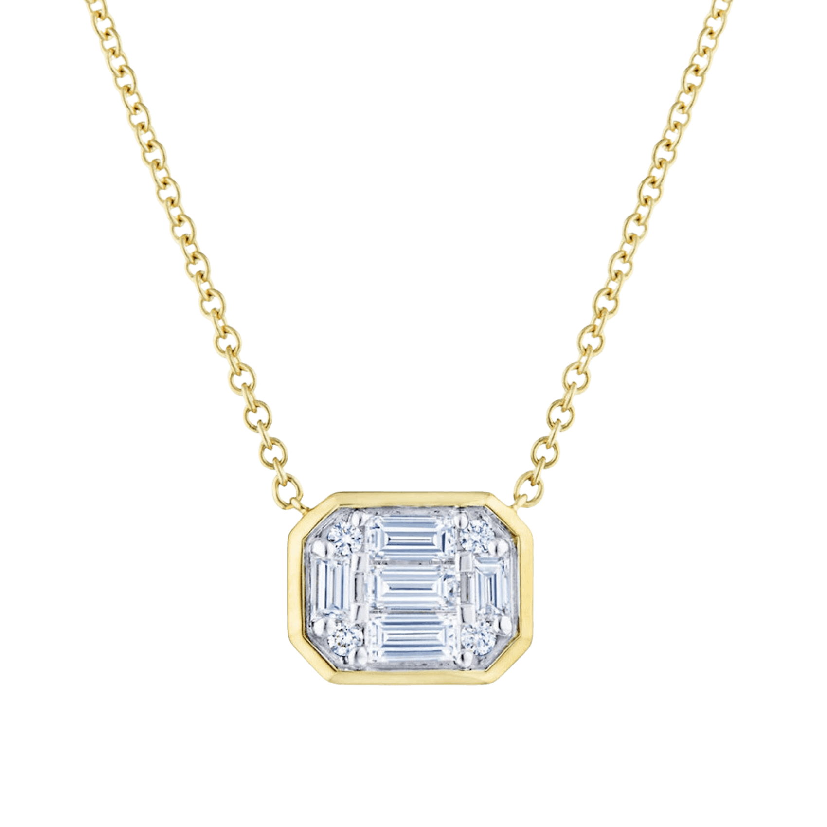 Vertical 18K Yellow Gold Sunburst Diamond Mosaic Bezel Necklace