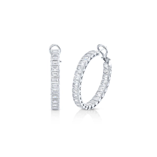 Vertical 18K White Gold Bezel-Set East-West Emerald Diamond Hoop Earrings