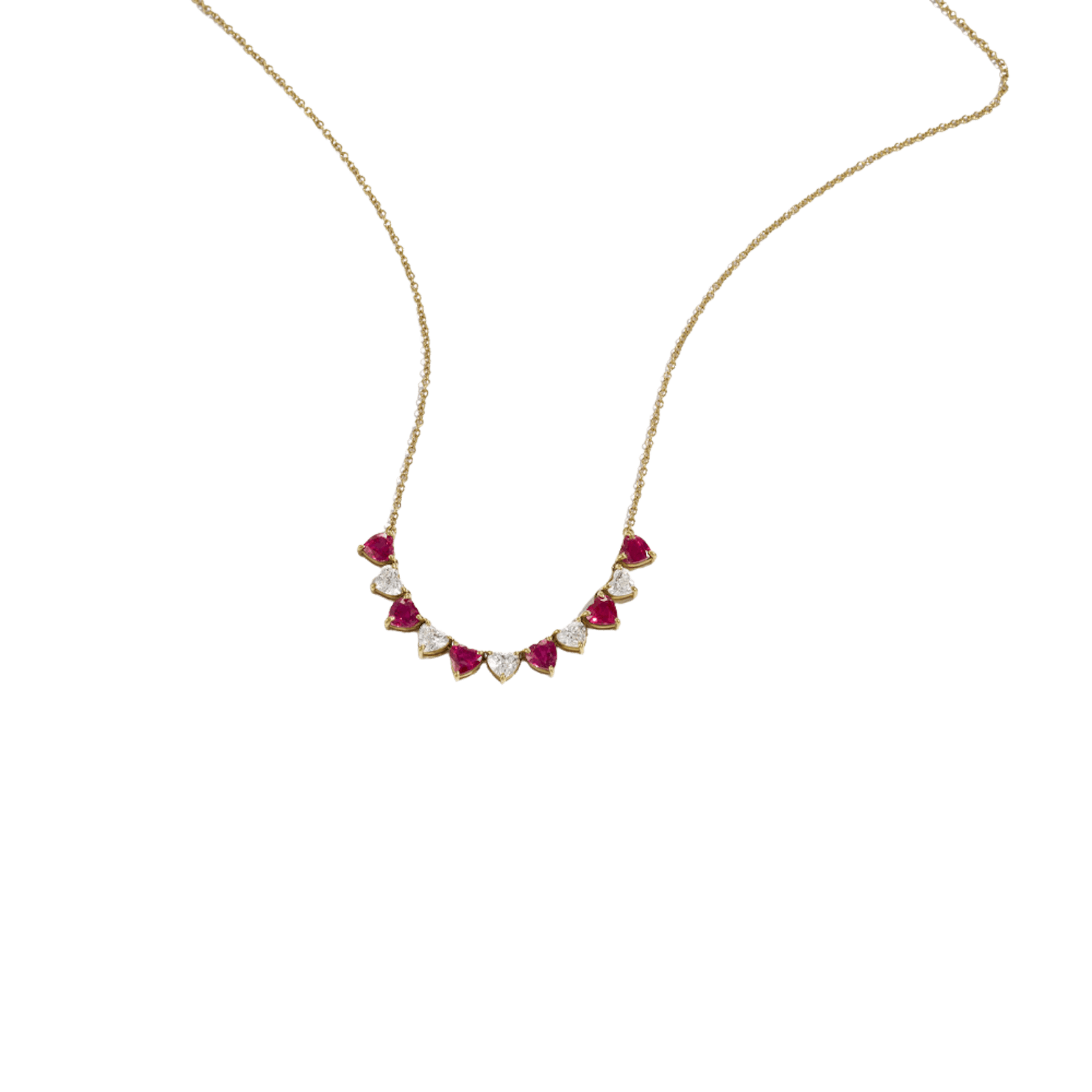 Vertical 18K Yellow Gold Heart Ruby and Heart Diamond Necklace