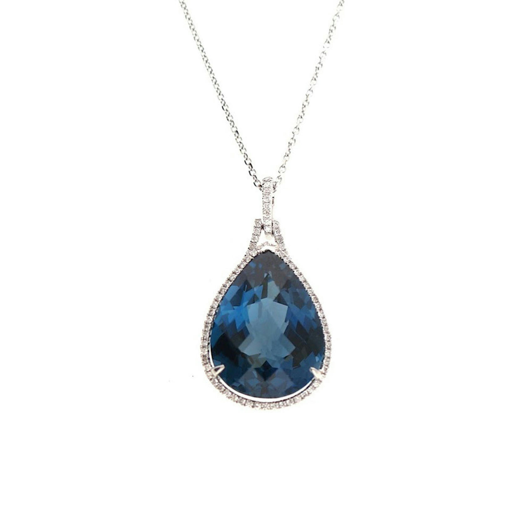 Vertical 14K White Gold Blue Topaz and Diamond Pendant Necklace