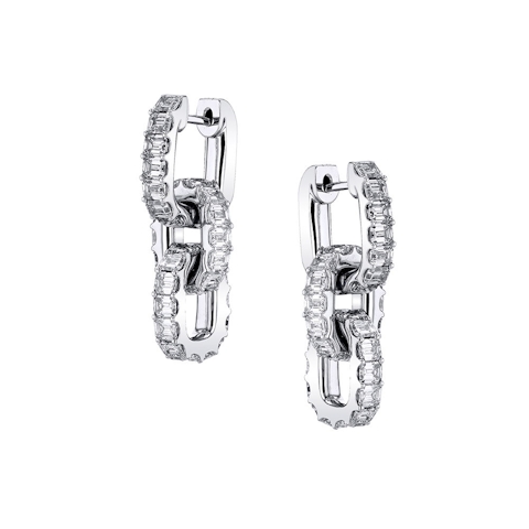 Vertical 18K White Gold Emerald Diamond Link Earrings