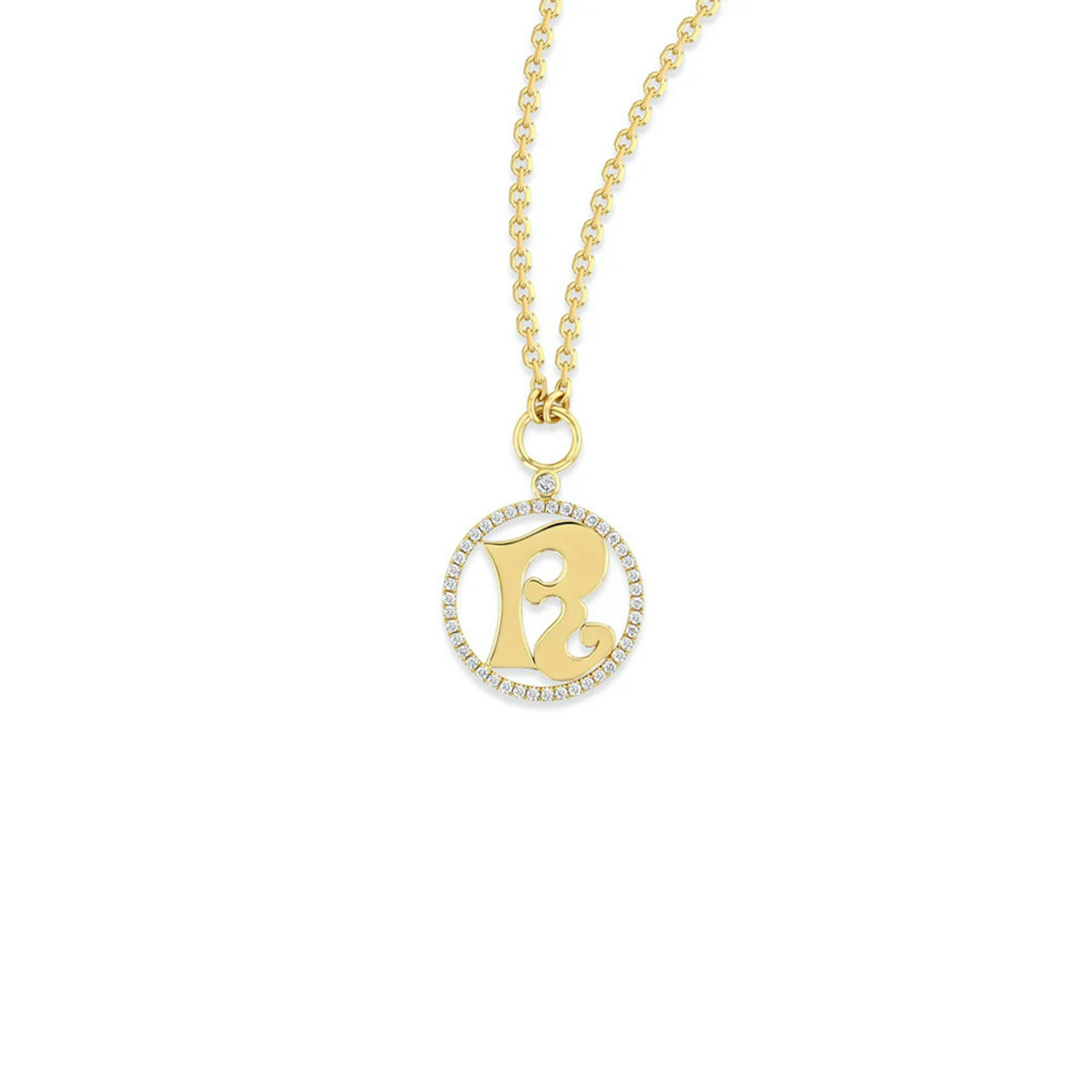 Vertical 18K Yellow Gold Diamond "R" Initial Pendant with Chain
