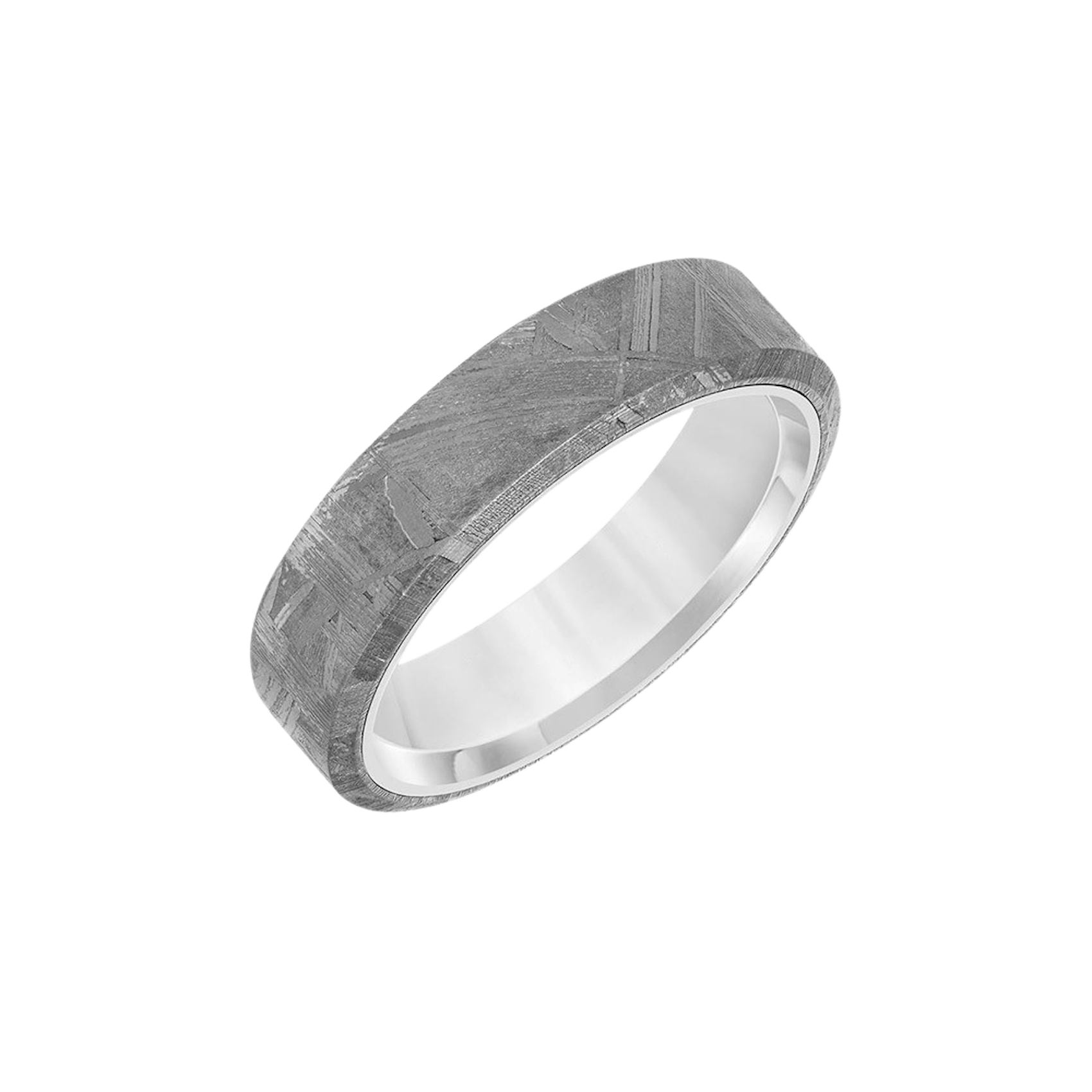 Vertical Meteorite and White Tungsten Bevel Edge Contemporary Band