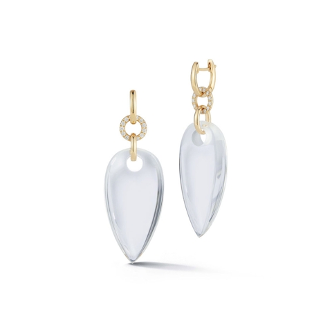 Vertical 18K Yellow Gold Bell Diamond And Rock Crystal Pear Shape Earrings