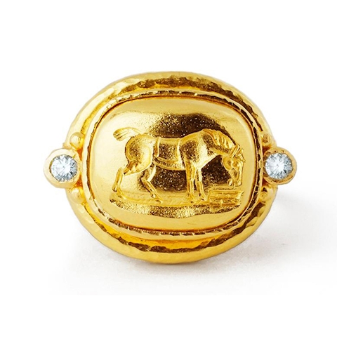 Vertical Gold "Grazing Horse" Ring With Diamonds