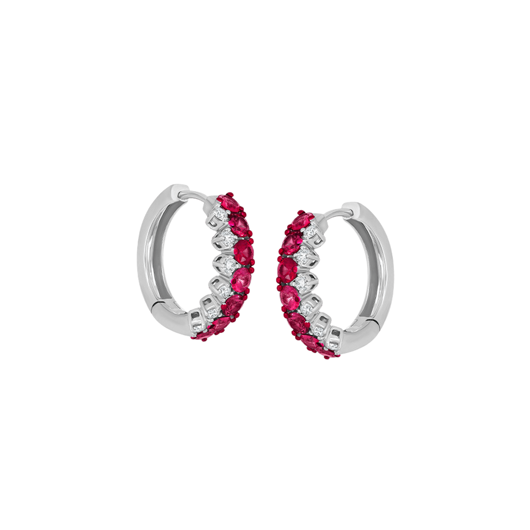 Vertical 18K White Gold/Red Rhodium Ruby and Diamond 2-Row Earrings