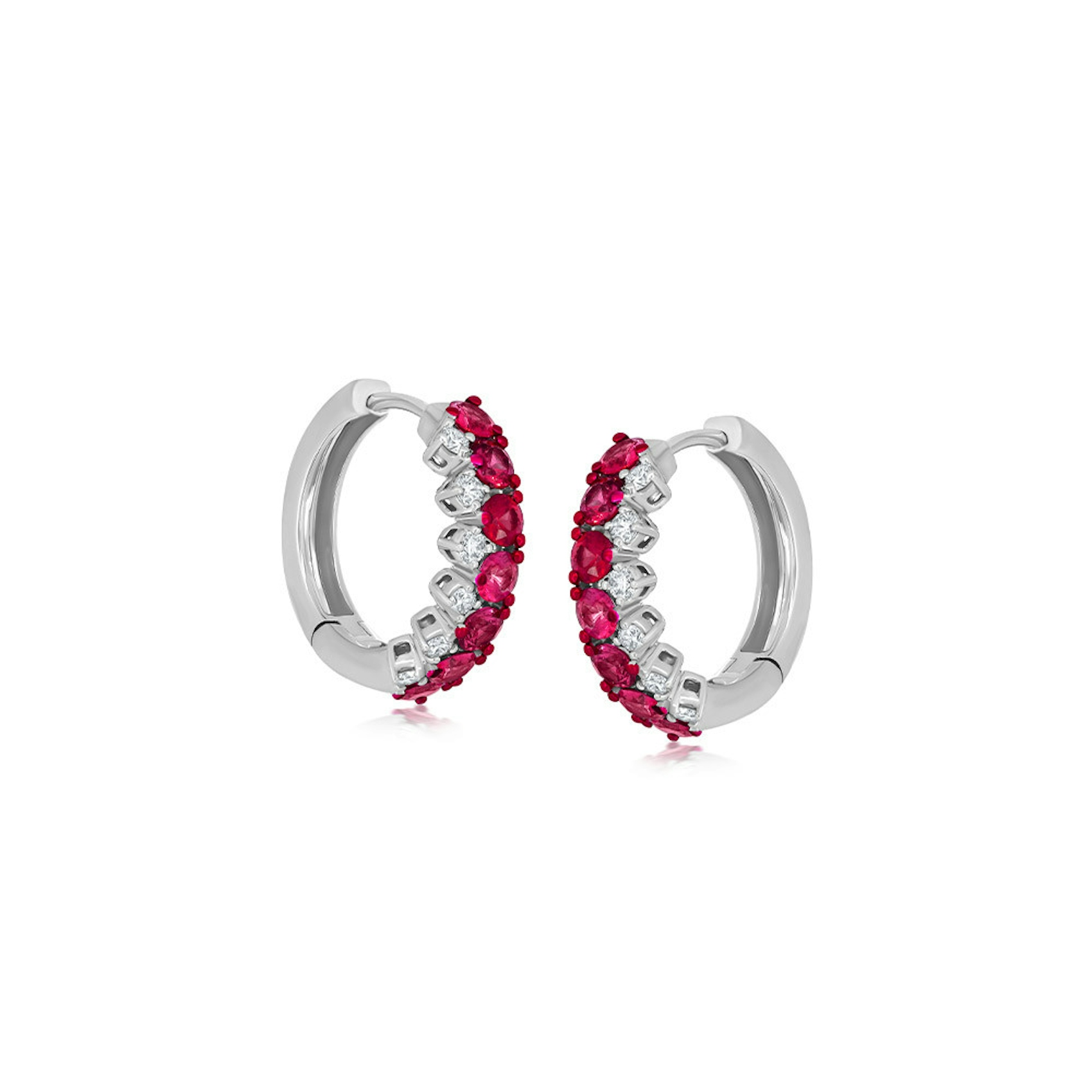 Vertical 18K White Gold/Red Rhodium Ruby and Diamond 2-Row Earrings