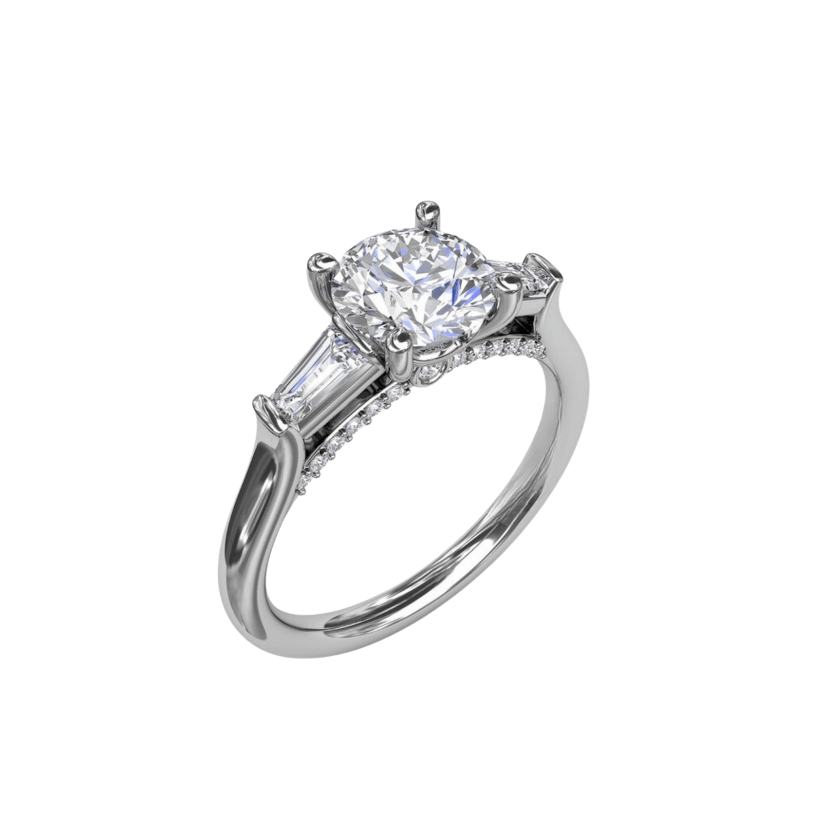 Vertical The 1916 Company Collection Three-Stone Round Diamond Engagement Ring With Bezel-Set Baguettes S3295