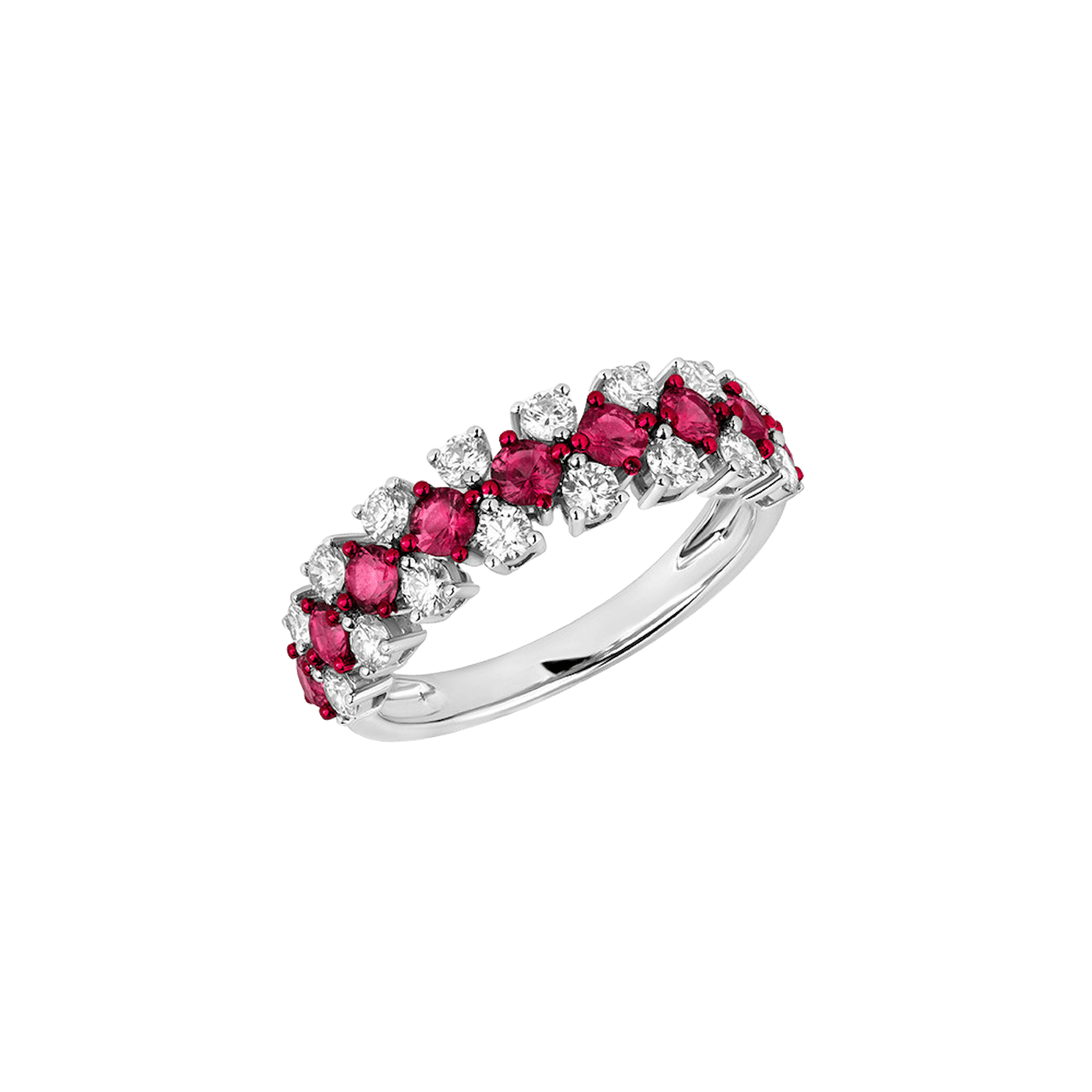 Vertical 18K White Gold/Red Rhodium Ruby and Diamond 3-Row Band