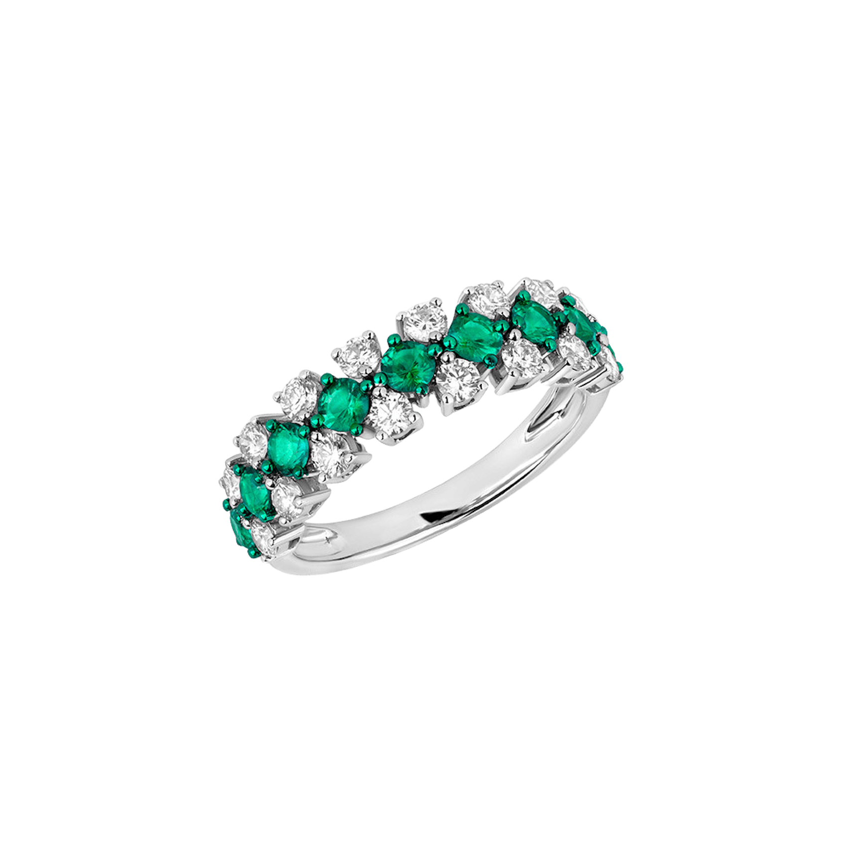 Vertical 18K White Gold/Green Rhodium Emerald and Diamond 3-Row Band