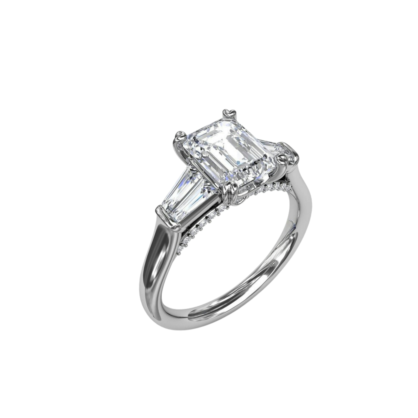 Vertical Emerald-Cut Diamond Engagement Ring With Tapered Baguette Side Stones S3292