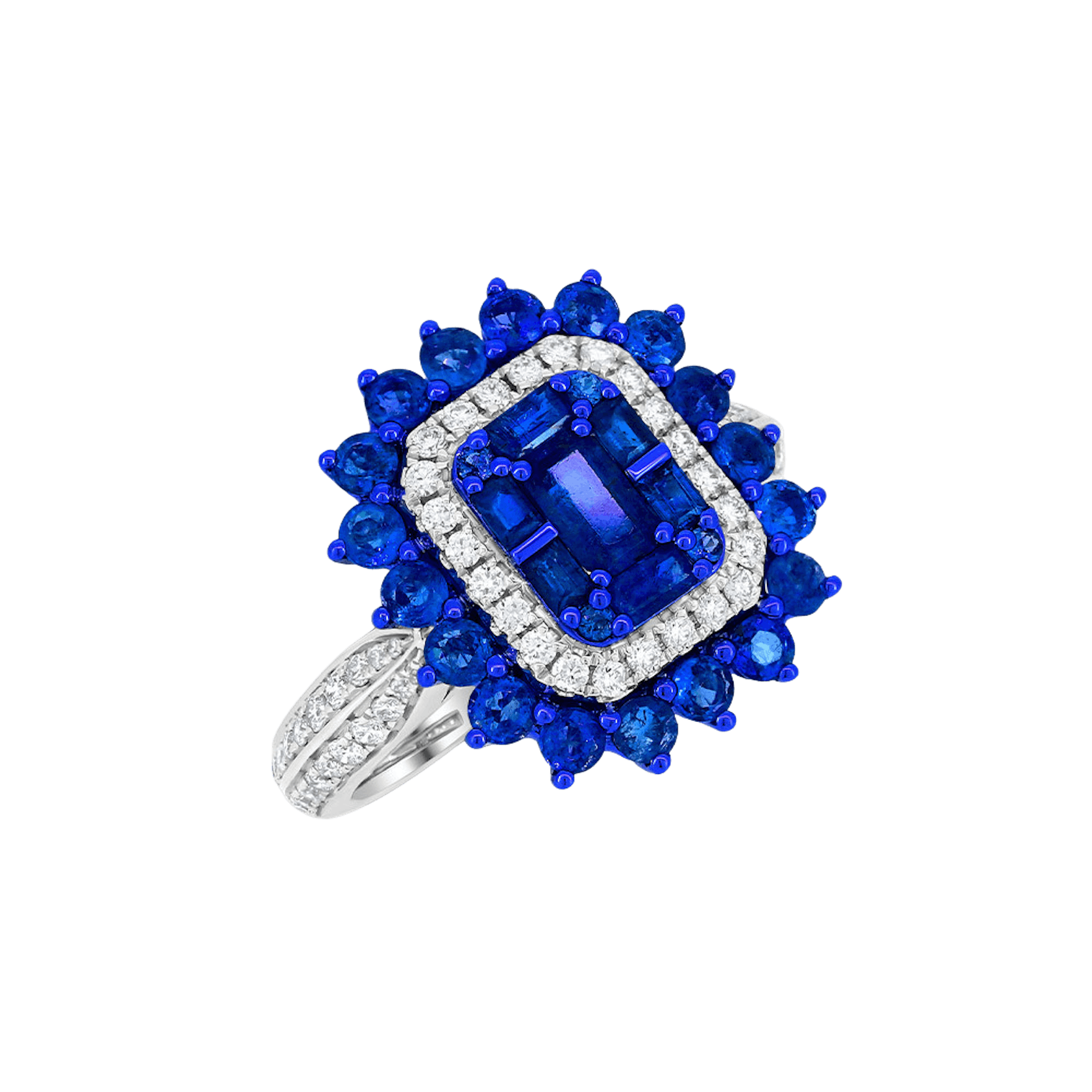Vertical 18K White Gold/Blue Rhodium Blue Sapphire and Diamond Mosaic Emerald Look Ring