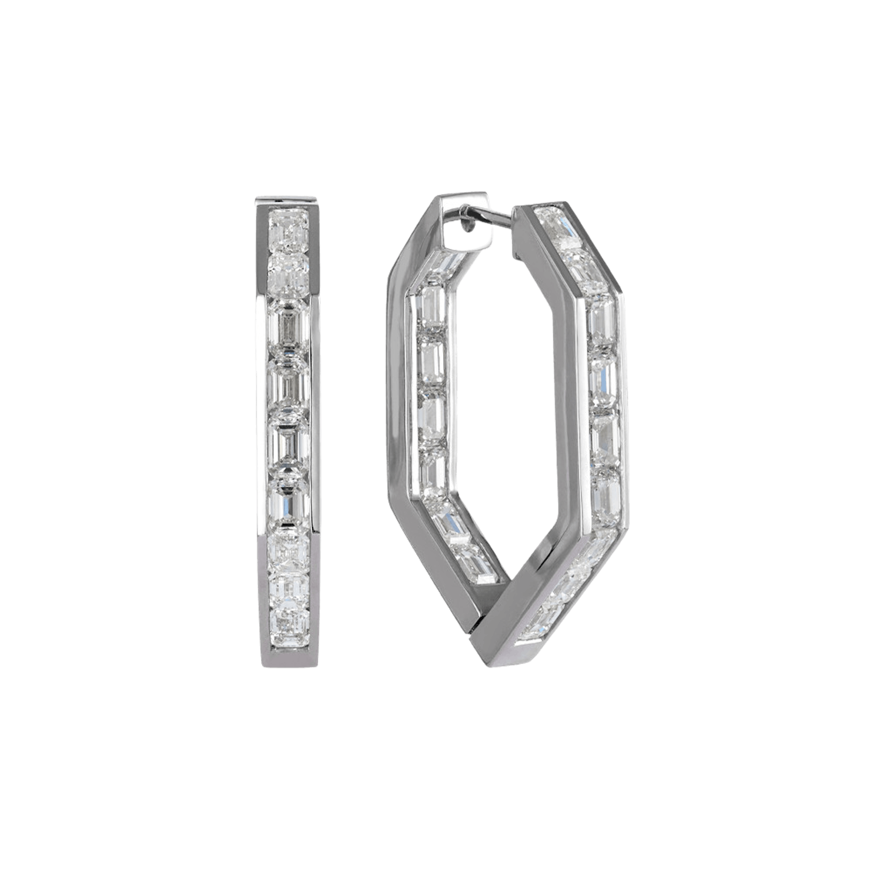 Vertical 18K White Gold Channel-Set Emerald Diamond Hoop Earrings