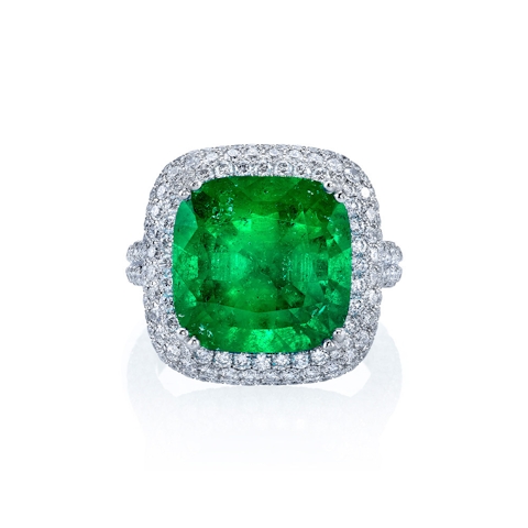 Vertical Platinum 8.91CT Colombian Cushion Emerald and Diamond Halo Ring
