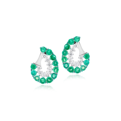 Vertical 18K White Gold/Green Rhodium Emerald and Diamond Front Facing Hoop Earrings