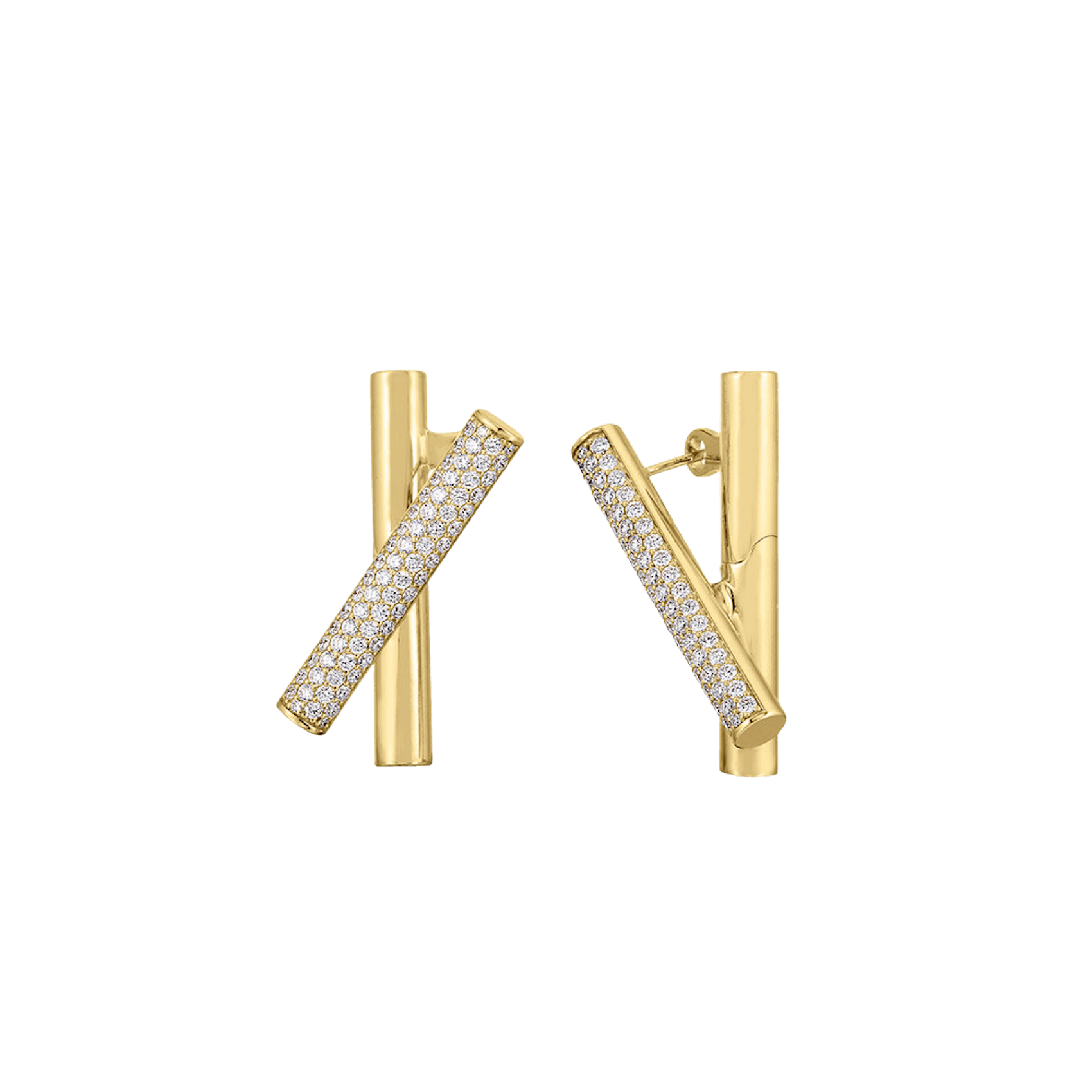 Vertical 18K Yellow Gold Domino Diamond Crossover Earrings