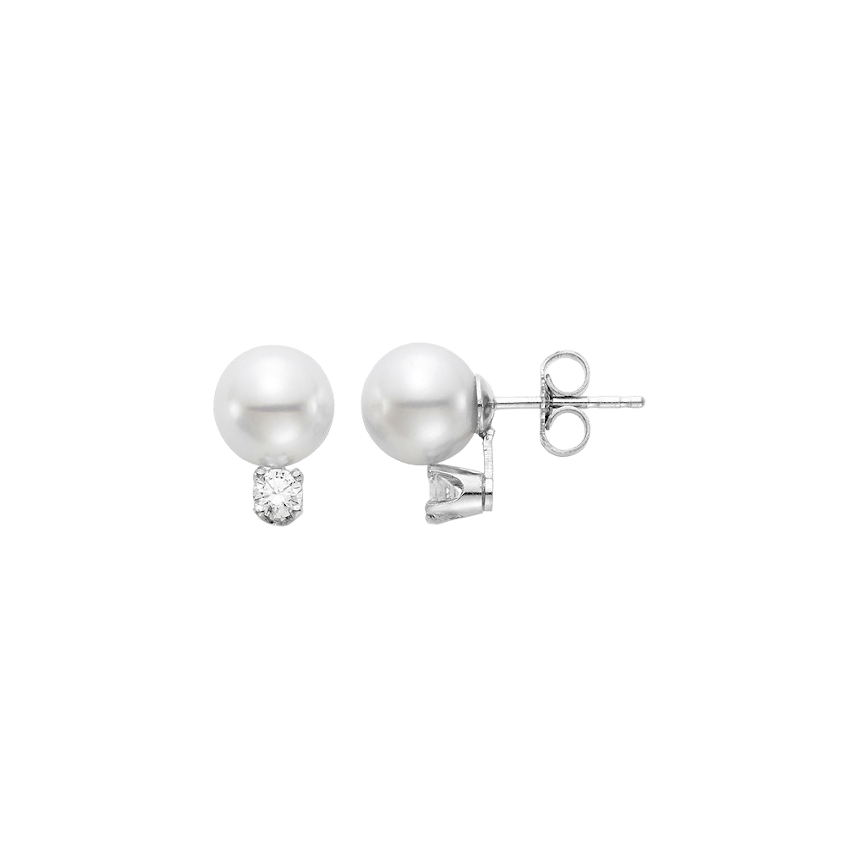 Vertical 18K White Gold 6-6.5MM A Akoya Pearl and Diamond Stud Earrings