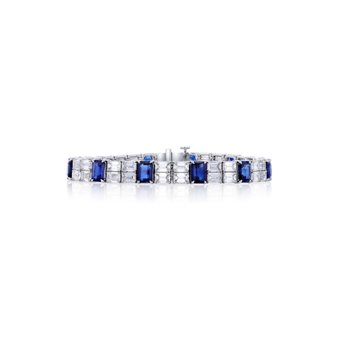 Vertical 18K White Gold Emerald Blue Sapphire Diamond Halo Bracelet