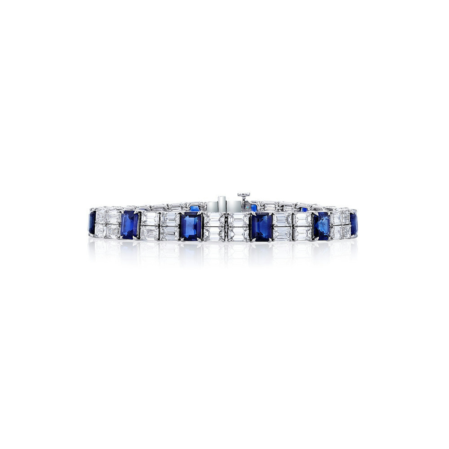 Vertical 18K White Gold Emerald Blue Sapphire Diamond Halo Bracelet