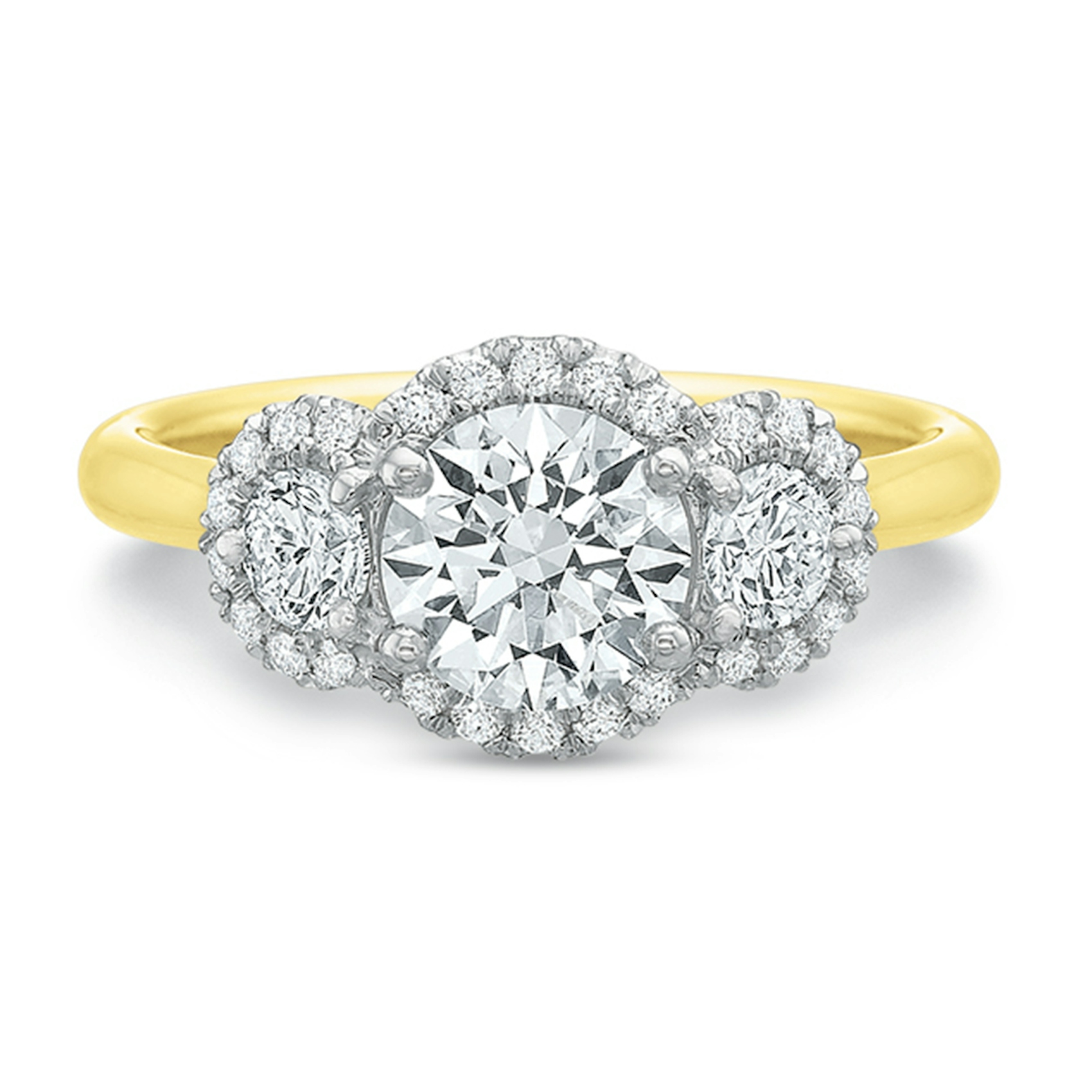 Vertical Yellow Gold Three Stone Halo Semi-Mount Engagement Ring