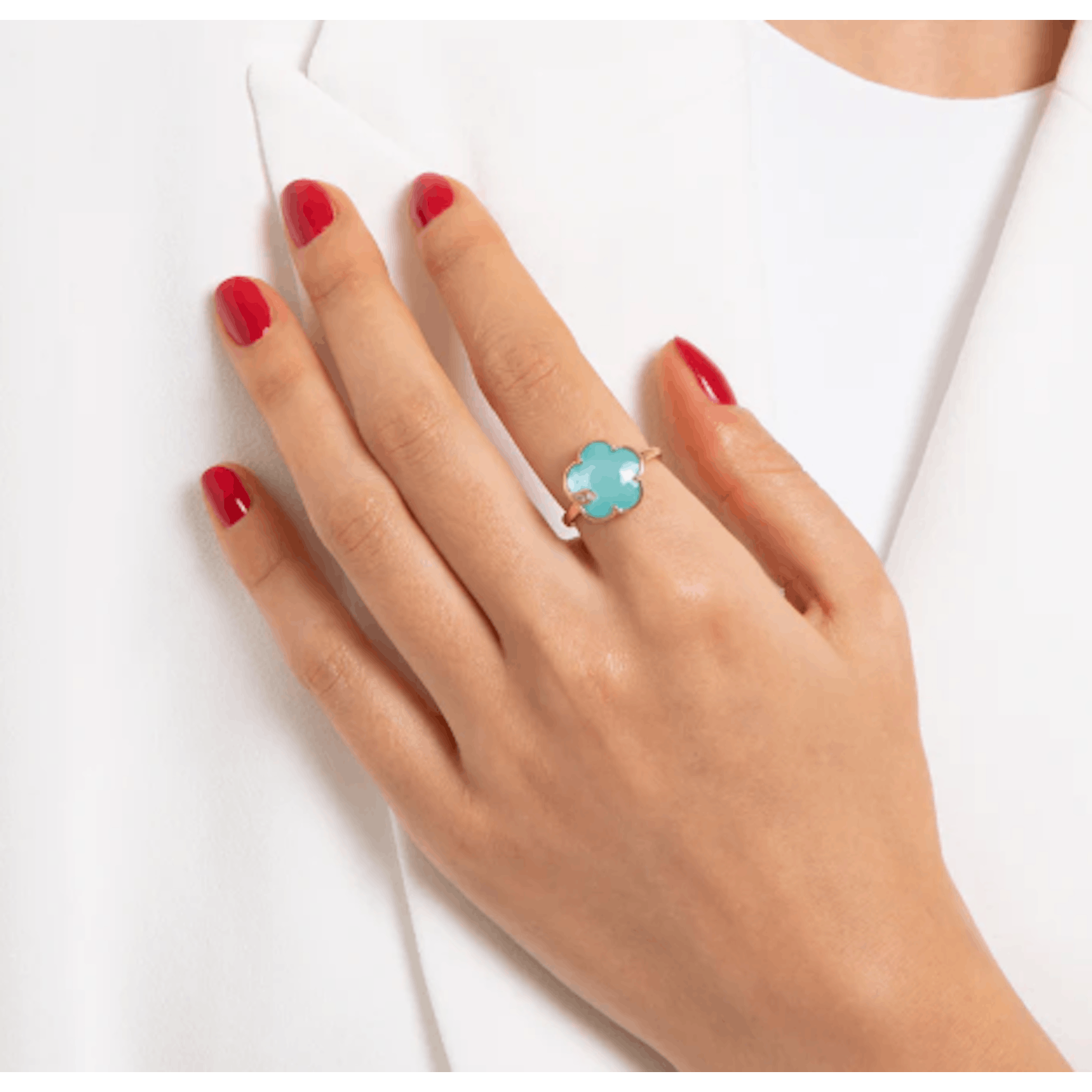 Horizontal 18K Rose Gold Ton Joli Turquoise, White Moonstone, and Diamond Flower Ring