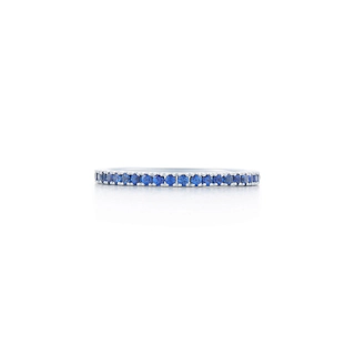 Vertical 18K White Gold Stackable Round Blue Sapphire Slim Band