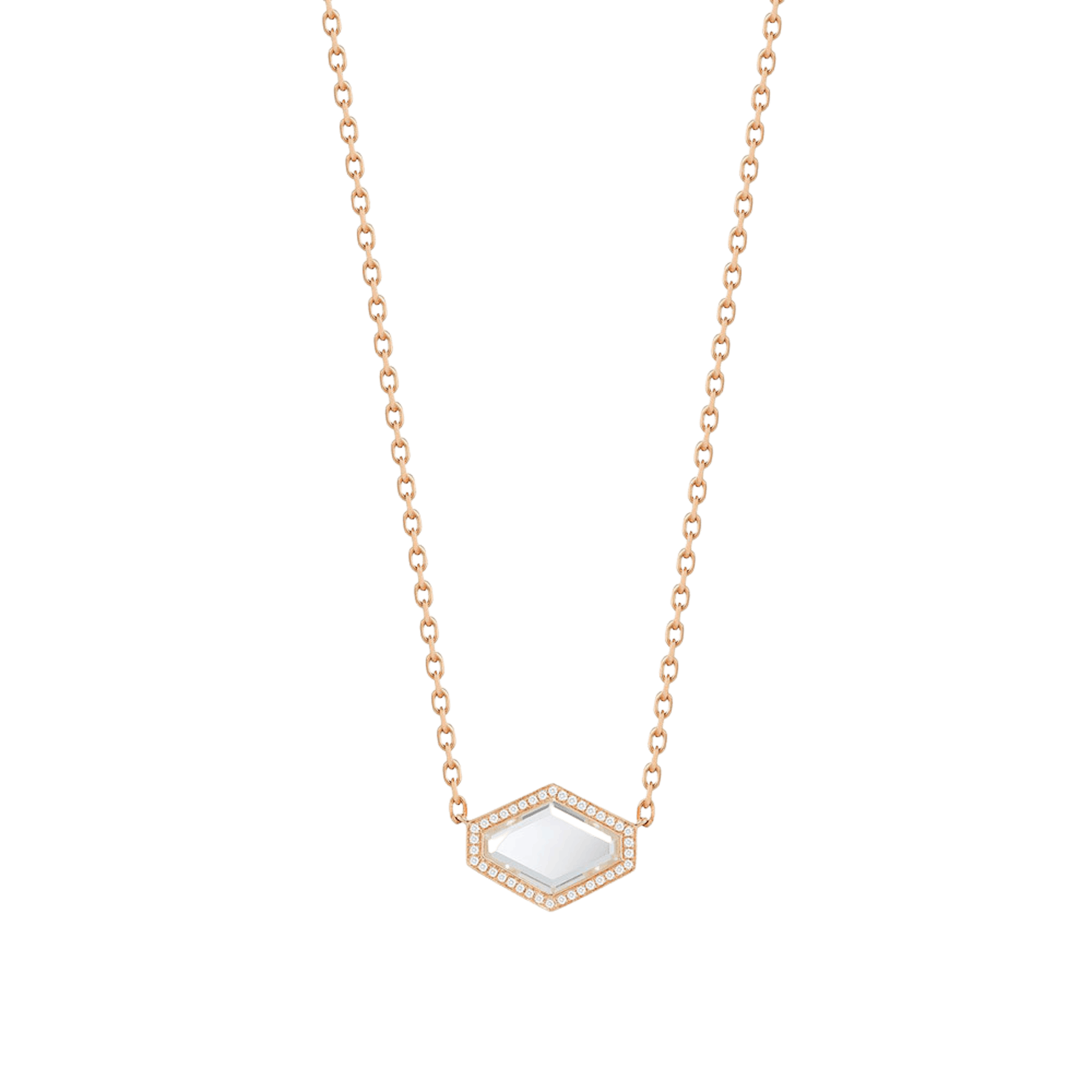 Vertical 18K Yellow Gold Bell Diamond and Rock Crystal Elongated Hexagon Pendant Necklace