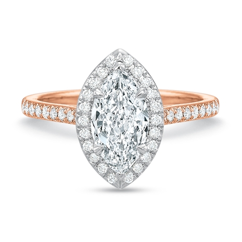 Vertical Rose Gold Marquise Diamond Halo Semi-Mount Engagement Ring