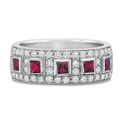 Vertical White Gold Diamond And Ruby Band