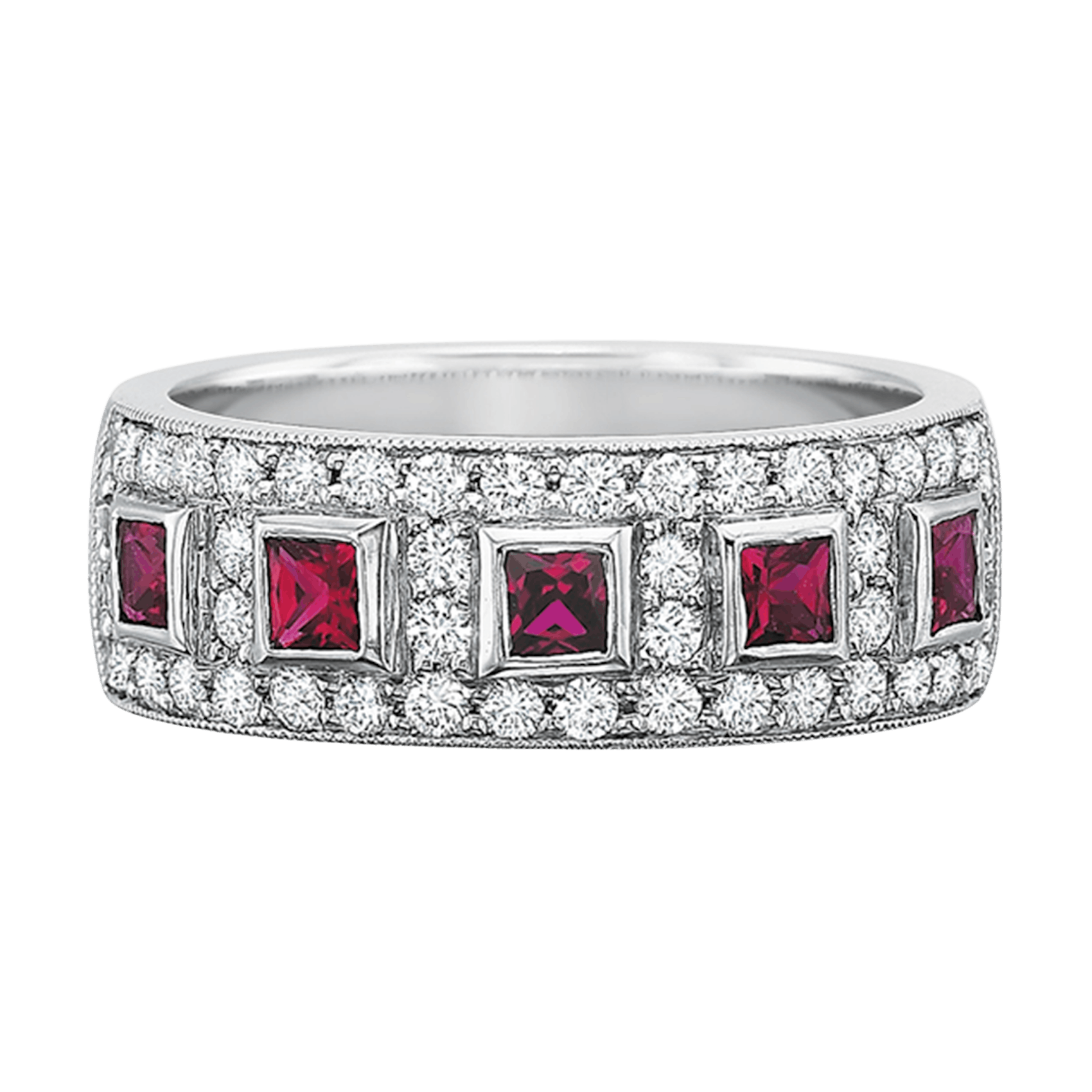 Vertical White Gold Diamond And Ruby Band