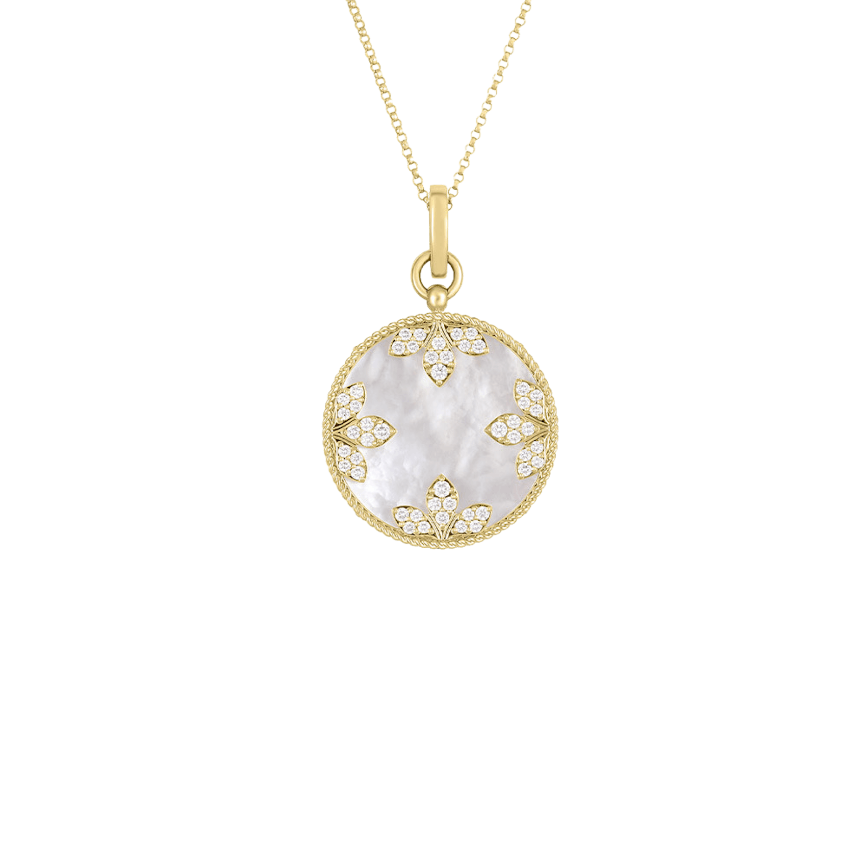 Vertical 18K Yellow Gold Colored Medallions Mother Of Pearl And Diamond Necklace