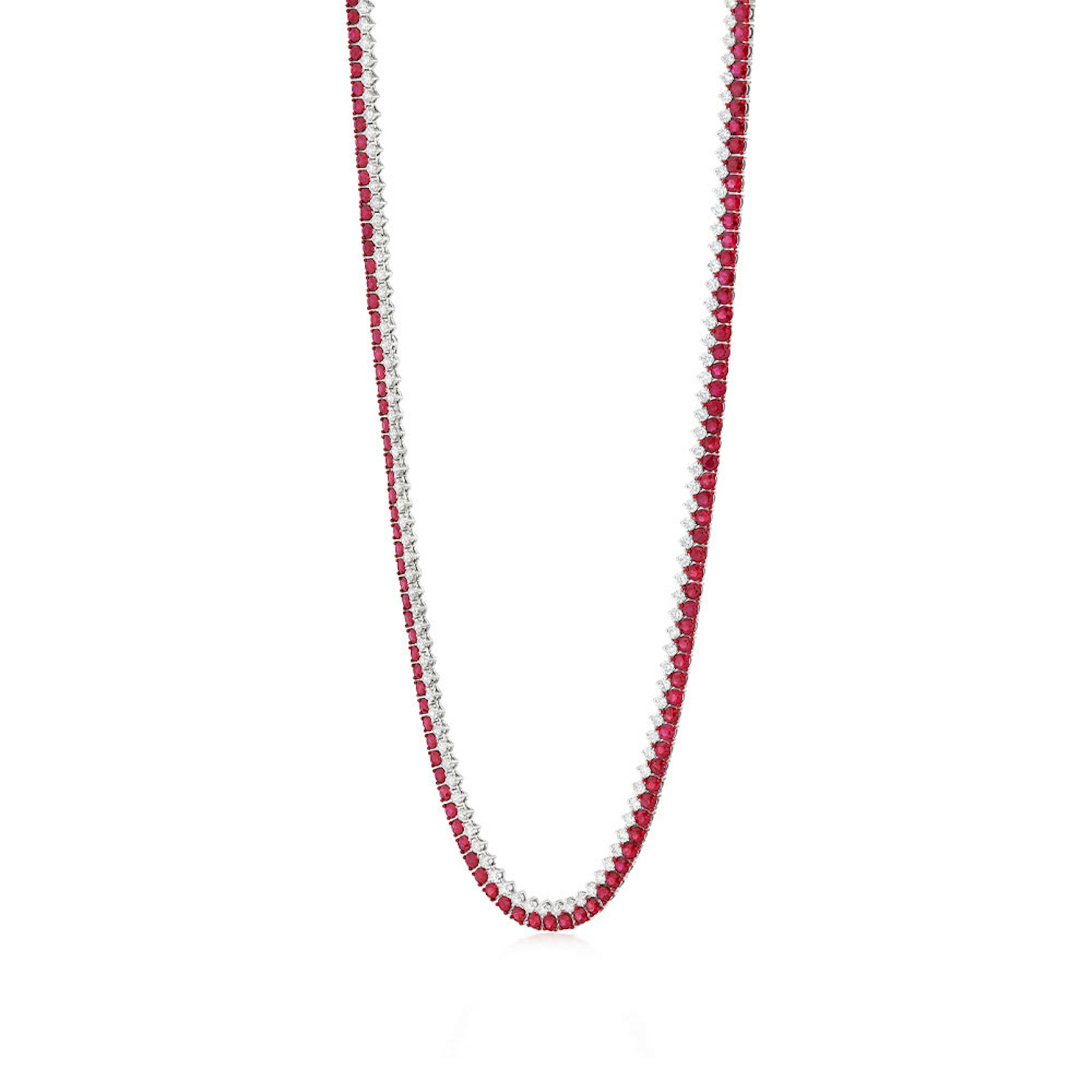 Vertical 18K White Gold/Red Rhodium Ruby and Diamond 2-Row Line Necklace