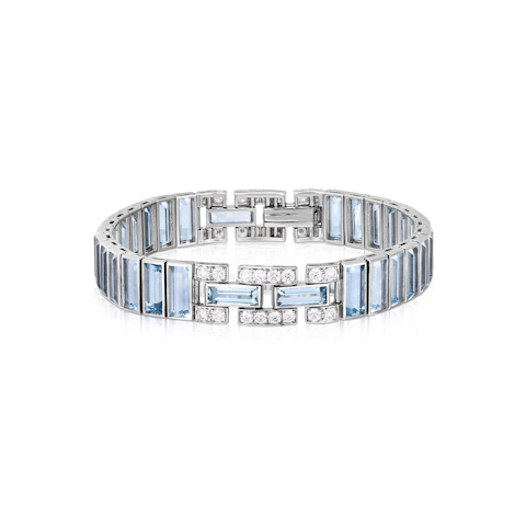 Vertical Platinum Baguette Aquamarine and Diamond Bracelet