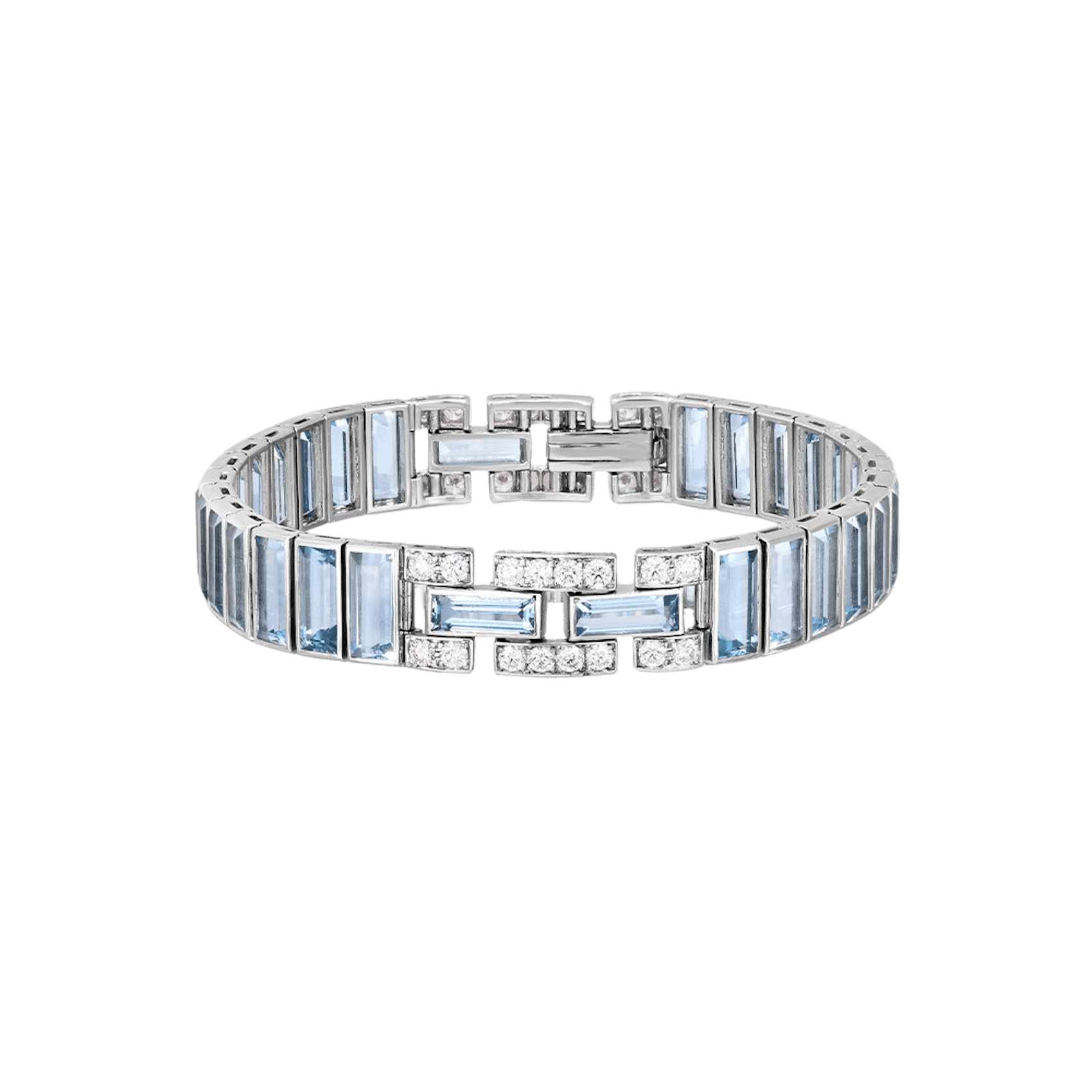Vertical Platinum Baguette Aquamarine and Diamond Bracelet