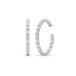 Vertical 18K White Gold Emerald Diamond Hoop Earrings