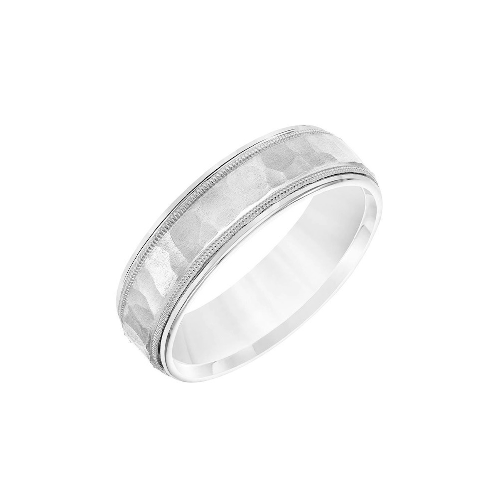 Vertical 18K White Gold Flat Round Edge Carved Hammer Finish Band
