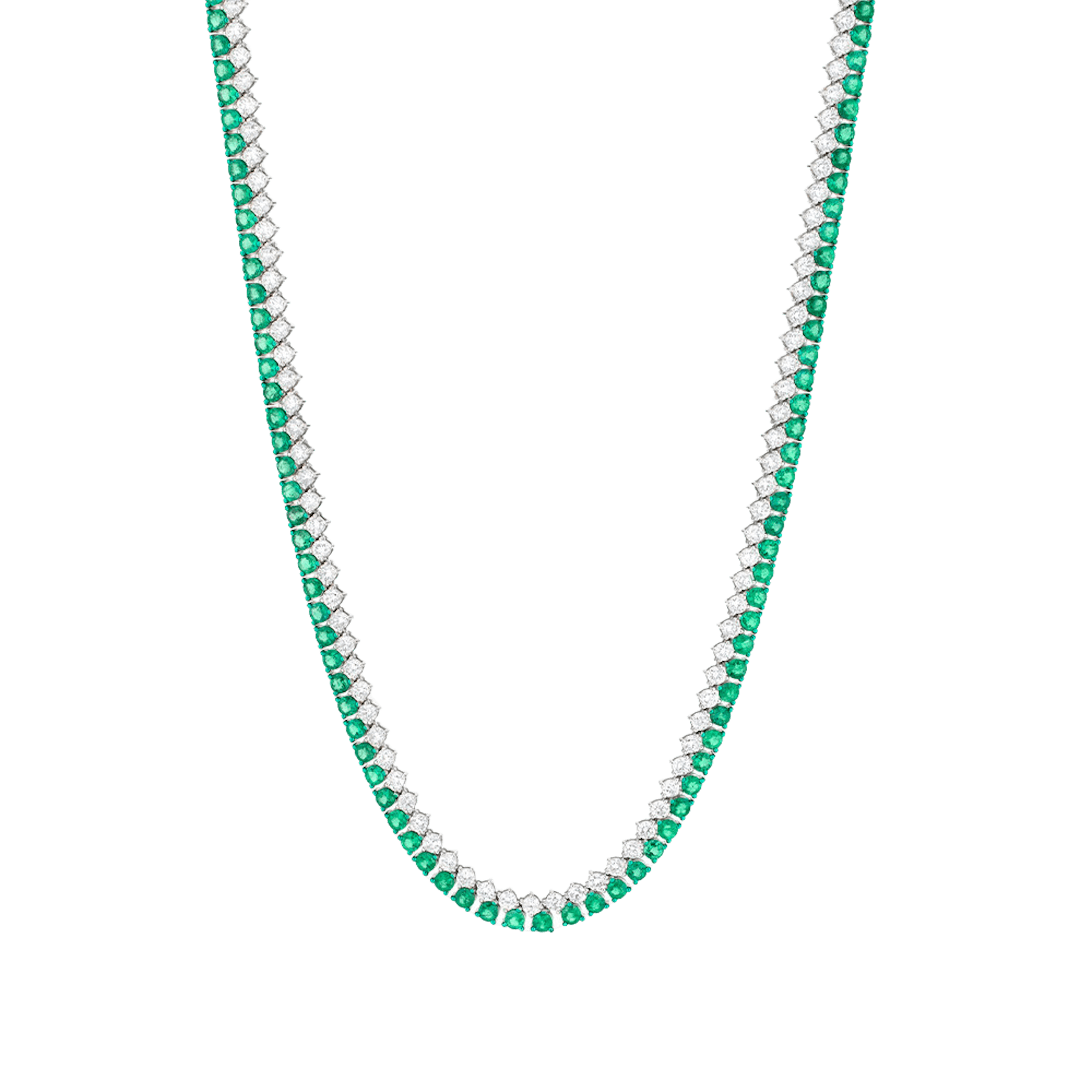 Vertical 18K White Gold/Green Rhodium Emerald and Diamond 2-Row Line Necklace