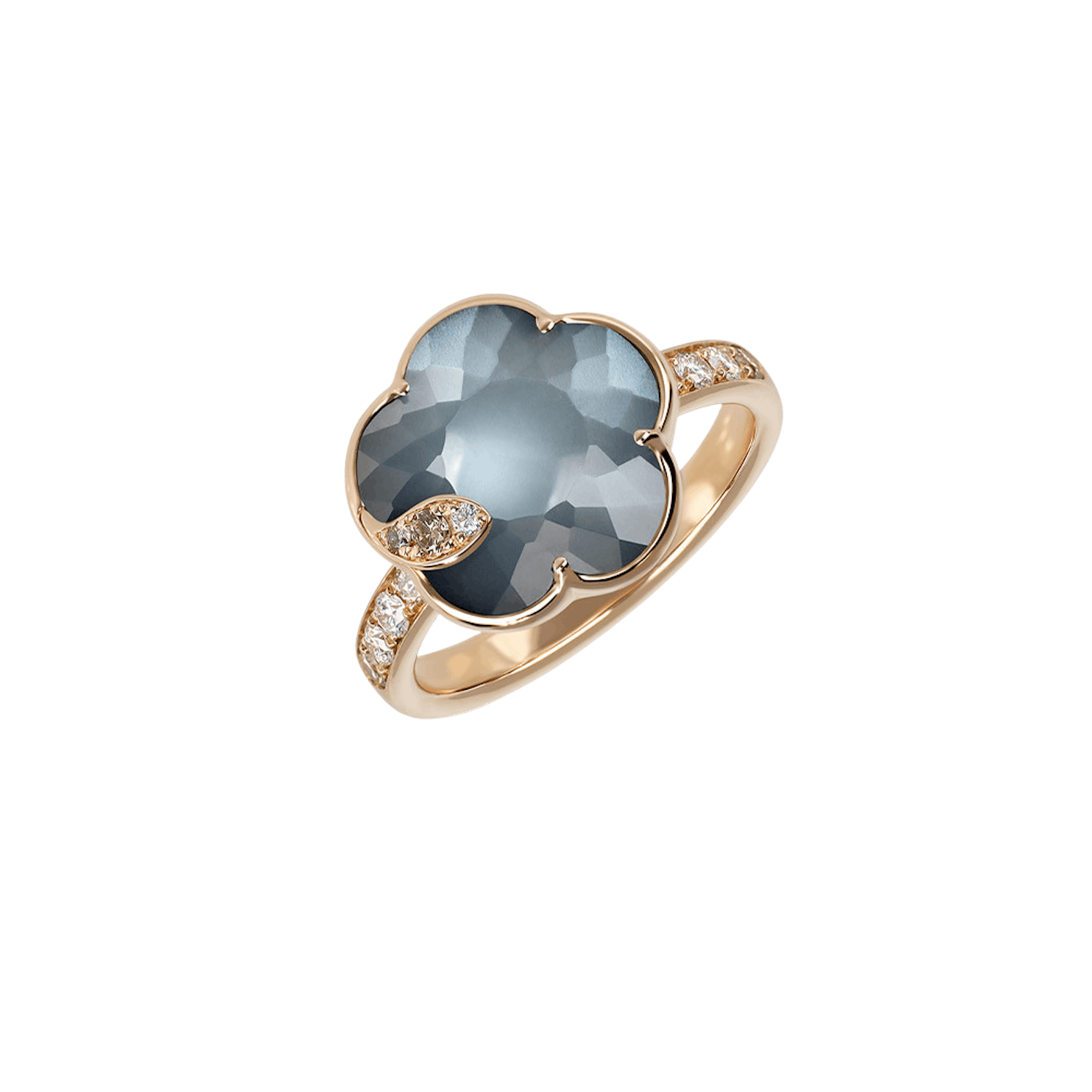 Vertical 18K Rose Gold Petit Joli Lunaire Onyx, White Moonstone, and Diamond Flower Ring