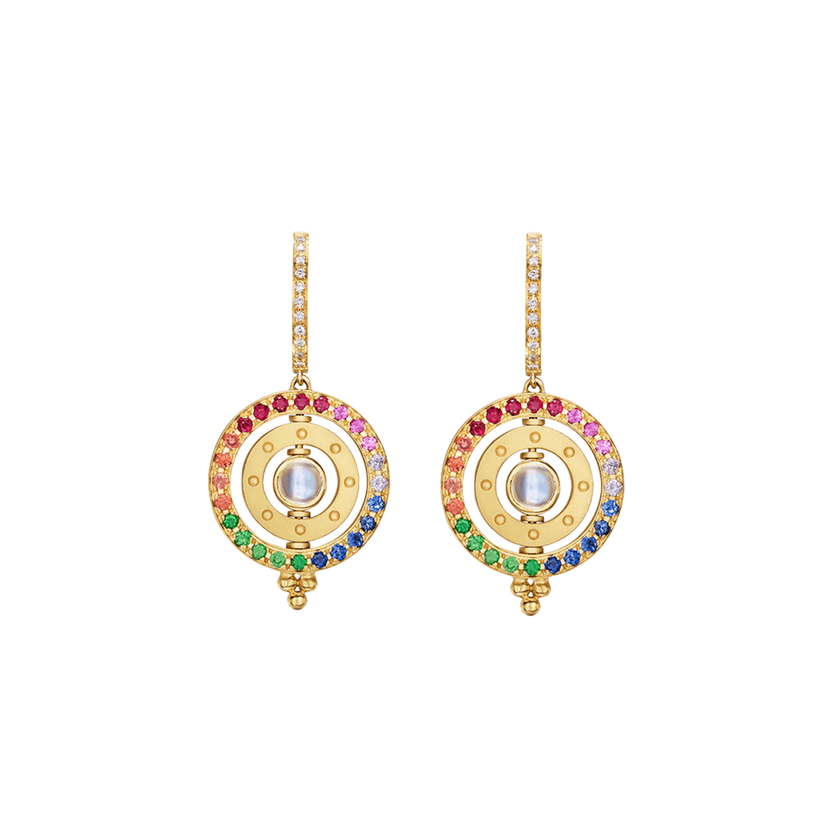 Vertical 18K Yellow Gold Triple Orbit Rainbow Mixed Gemstone Drop Earrings