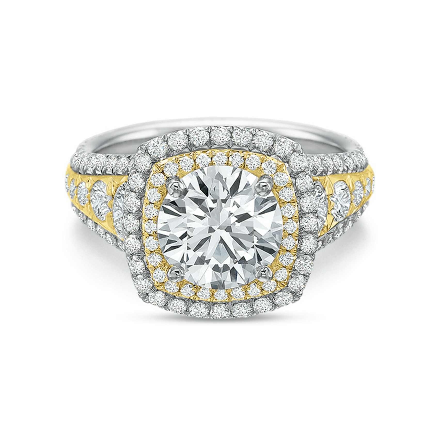 Vertical White & Yellow Gold Halo Semi-Mount Engagement Ring