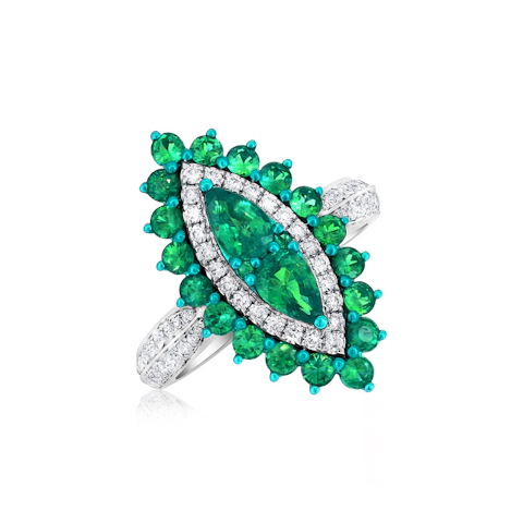 Vertical 18K White Gold/Green Rhodium Emerald and Diamond Mosaic Marquise Look Ring