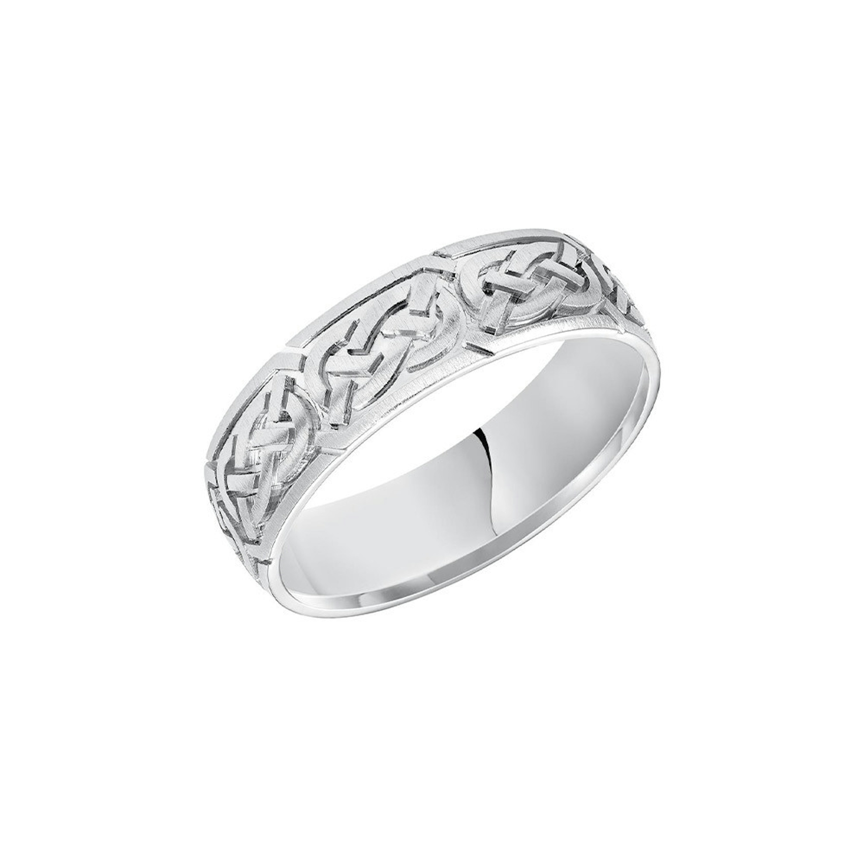 Vertical 18K White Gold Celtic Satin Finish Low Dome Edge Carved Band