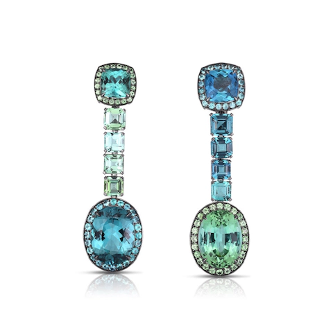 Vertical 18K White Gold and Black Rhodium Earrings with Indicolite Tourmaline, Paraiba Tourmaline, and Tsavorite