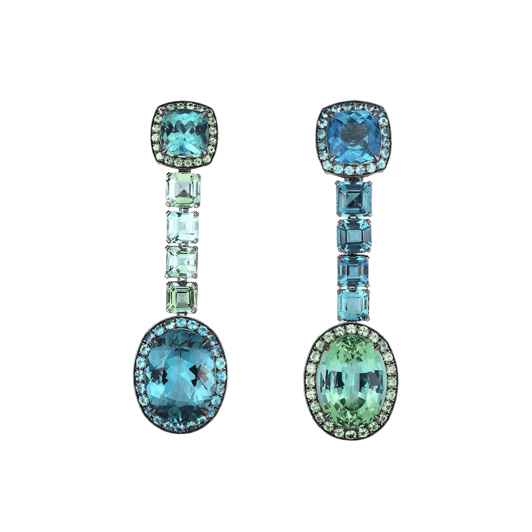 Vertical 18K White Gold and Black Rhodium Earrings with Indicolite Tourmaline, Paraiba Tourmaline, and Tsavorite