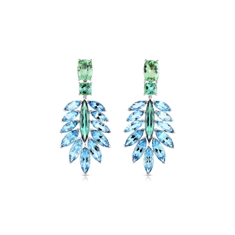 Vertical Platinum Aquamarine and Tourmaline Earrings
