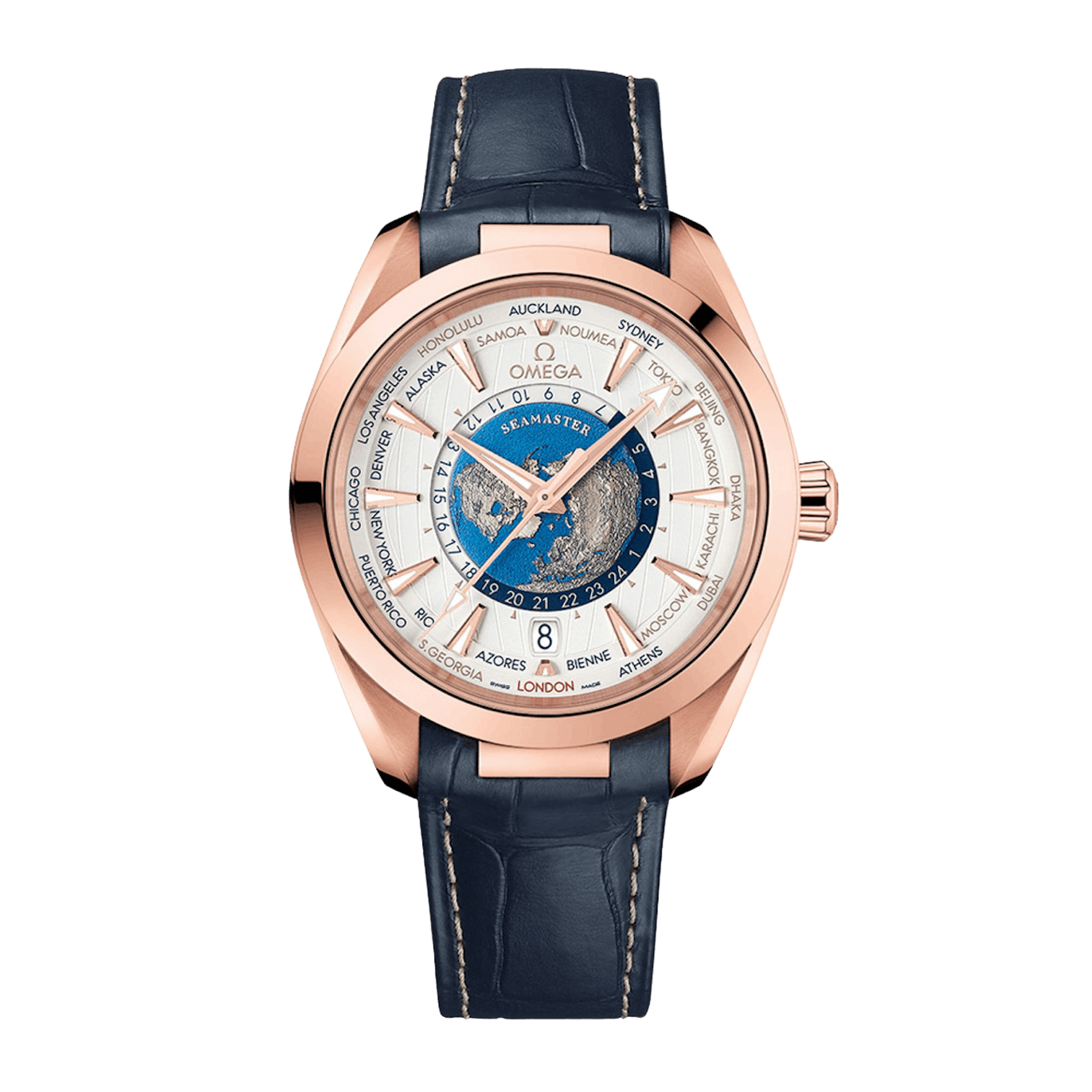Vertical Omega Seamaster Aqua Terra 150M Worldtimer GMT 18K Sedna Gold 43mm 220.53.43.22.02.001