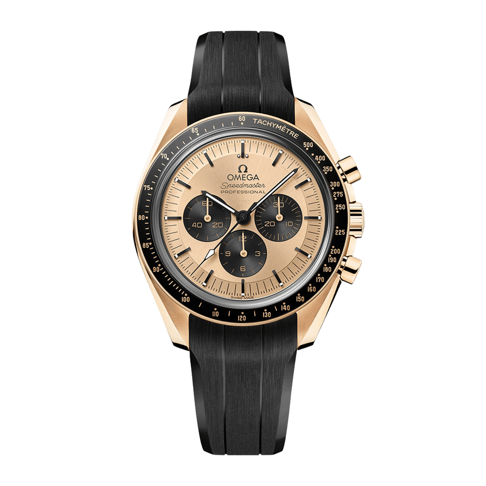 Vertical Omega Speedmaster Moonwatch Professional Chronograph 18K Moonshine Gold 42mm 310.62.42.50.99.001