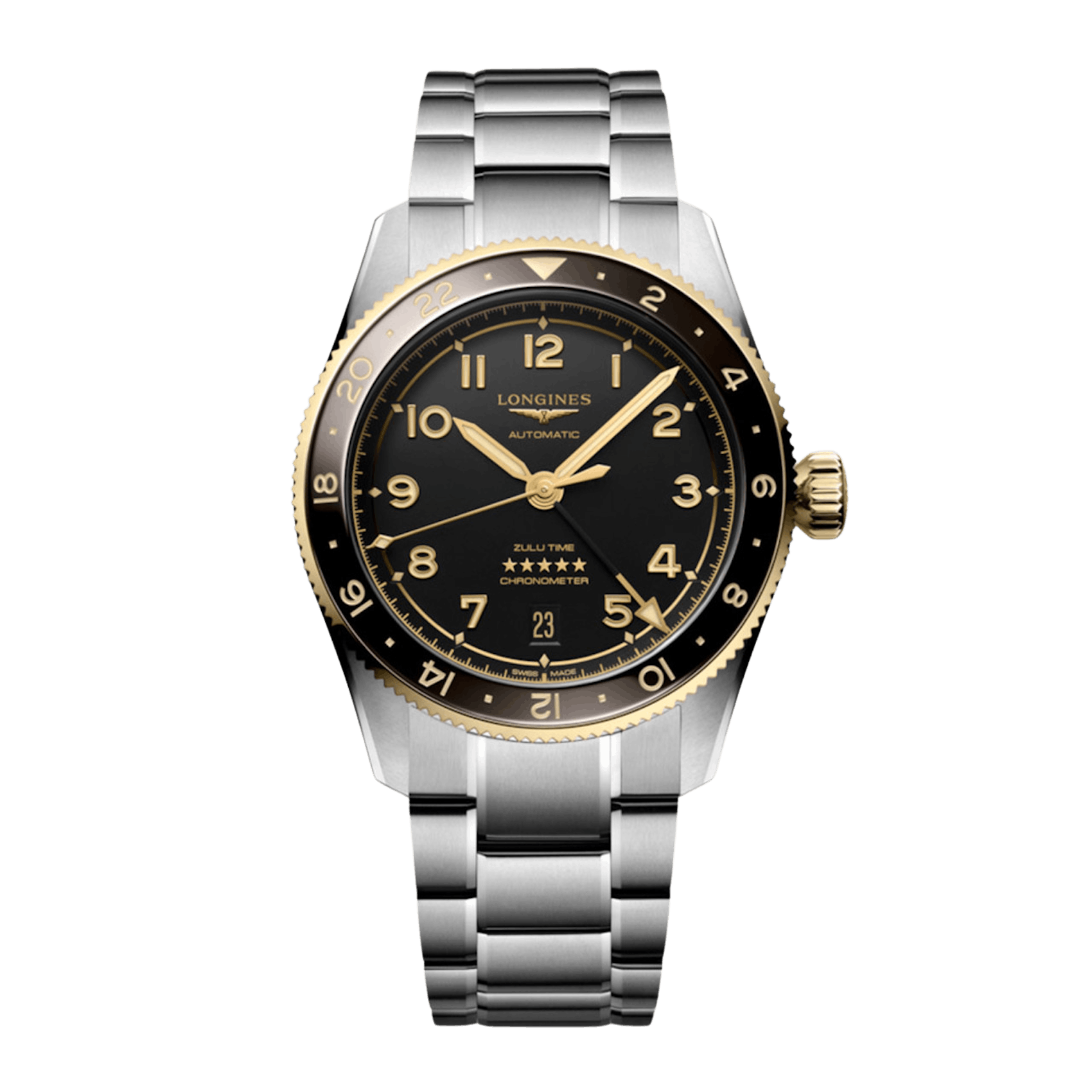 Vertical Longines Spirit Zulu Time GMT Automatic 18K Yellow Gold & Steel 39mm L3.802.5.53.6