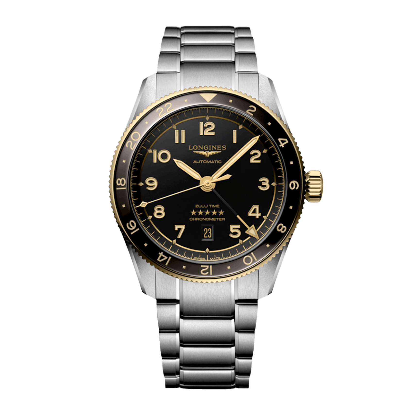 Vertical Longines Spirit Zulu Time GMT Automatic 18K Yellow Gold & Steel 42mm L3.812.5.53.6