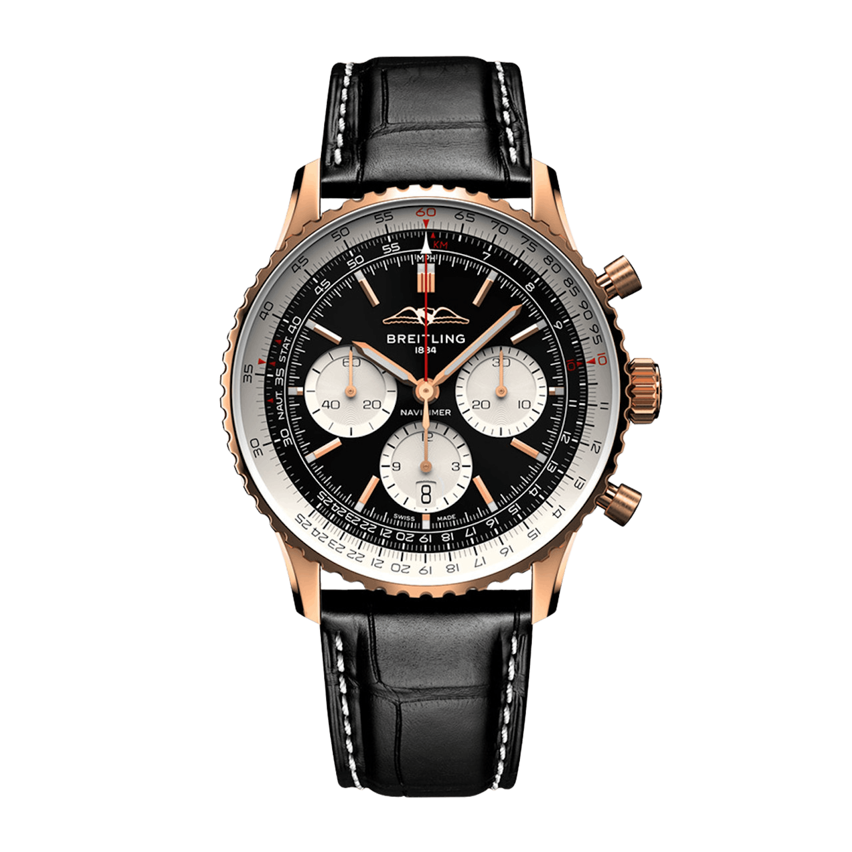 Vertical Breitling Navitimer 43 B01 Automatic Chronograph 18K Rose Gold RB0138211B1P1
